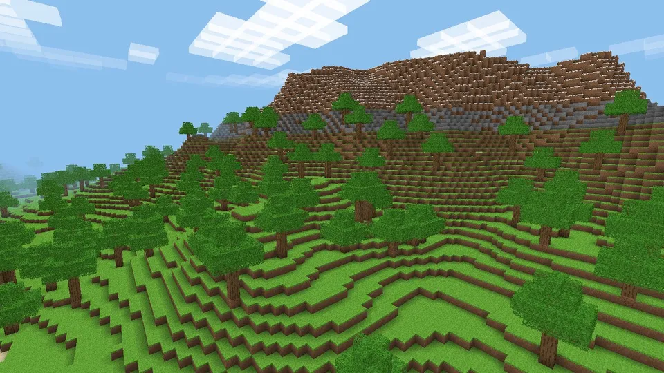 Valkcraft: a forest of block trees on hills under the clouds