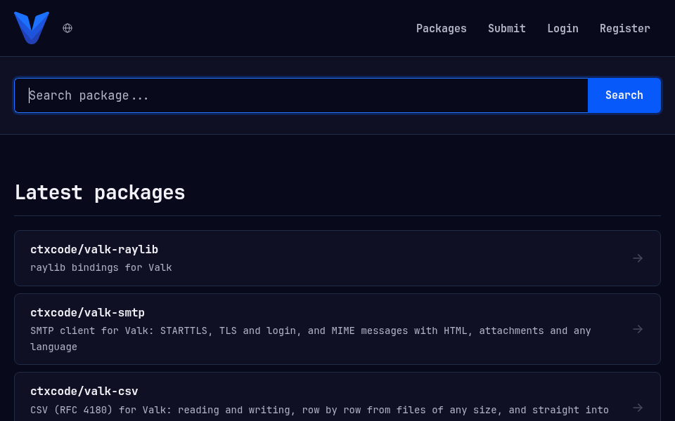 The vpkg.dev package registry, listing the latest packages